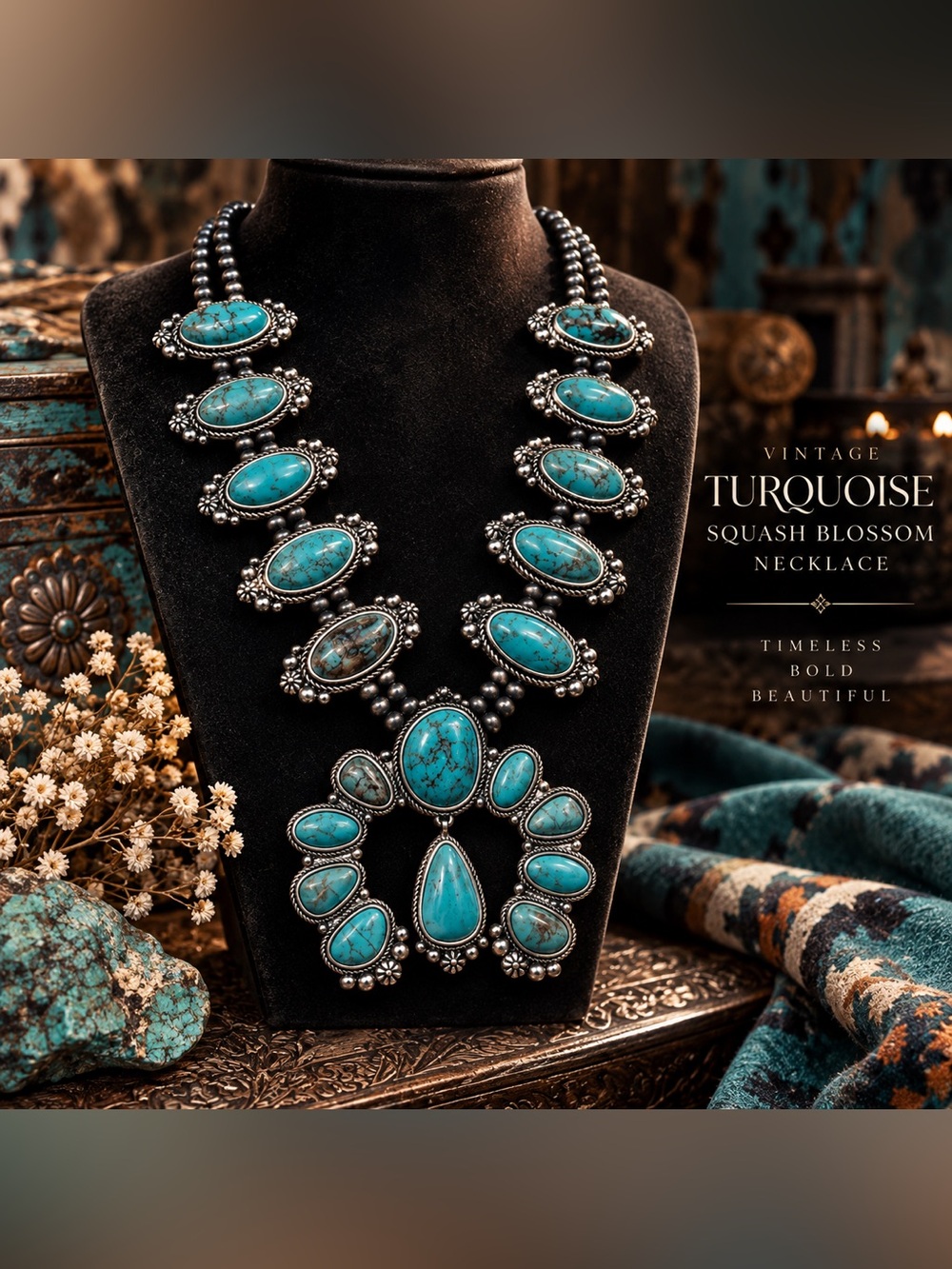 Vintage Style Turquoise Squash Blossom Statement Necklace